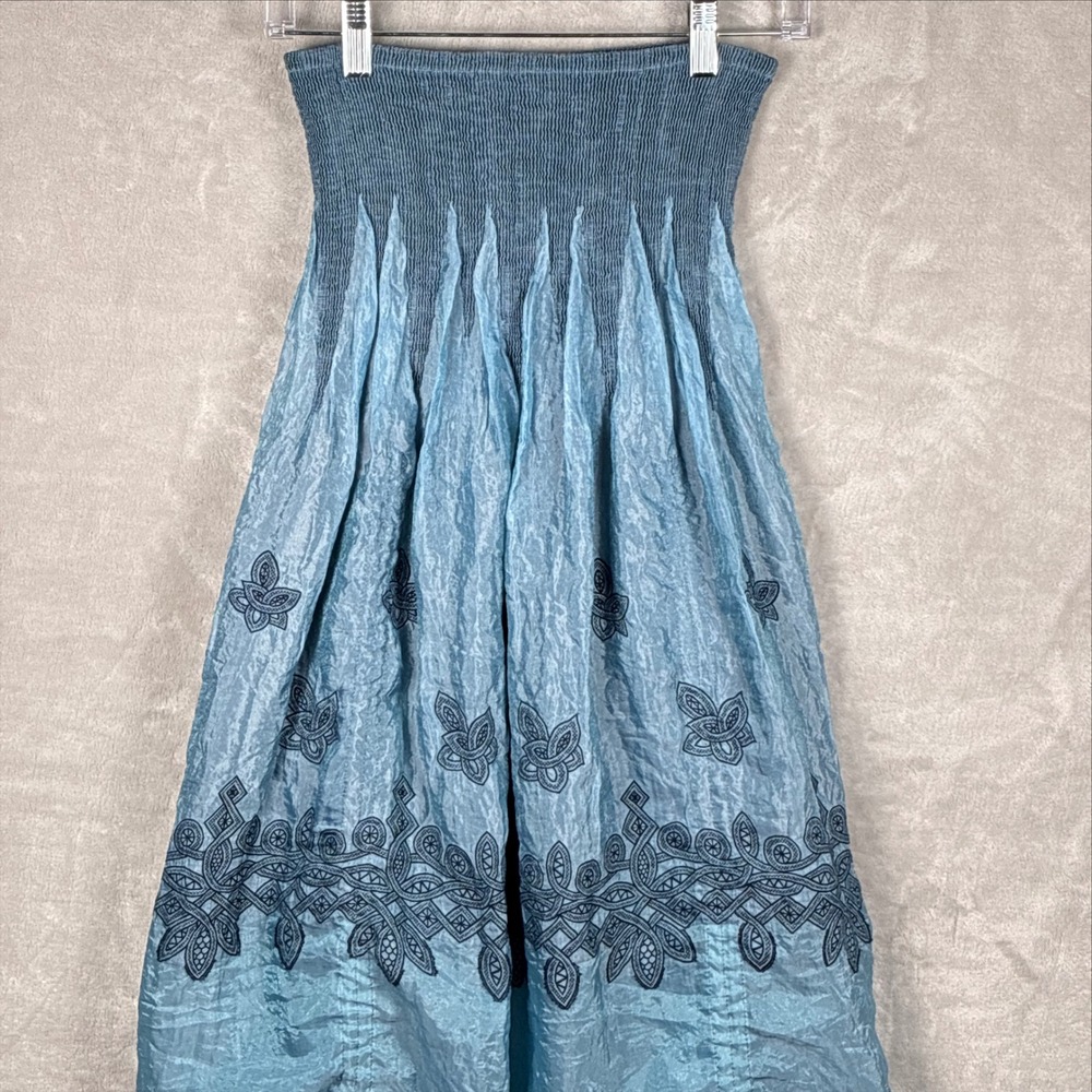 Lapis Blue Smocked Strapless Midi Dress Skirt Embroidered Ruched OS